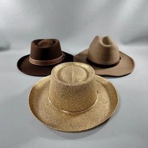 Vtg J Hats Lot of 3 Brown Straw Fedora Cowboy Hats Unisex - Picture 1 of 17