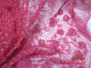1.5 yds x 60" Vintage Red Lace Fabric with 3D Roses & Polka Dots - Picture 1 of 6