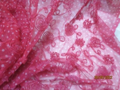 1.5 yds x 60" Vintage Red Lace Fabric with 3D Roses & Polka Dots - Image 1 of 4