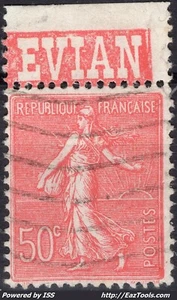 FRANCE SEMEUSE N° 199 AVEC BANDELETTE PUB EVIAN AVEC OBLITERATION - Picture 1 of 2