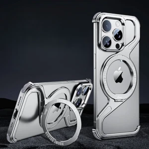 Magnetic Metal Snap-on Phone Case for iPhone 13 to 16 Pro Max with Kickstand - Picture 1 of 12