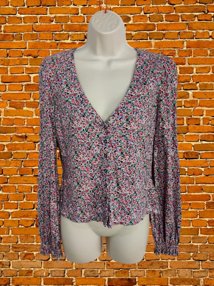 MUJER SUELO TALLA UK 8 ROJO CORAL FLORAL CUELLO EN V CLARO CÁRDIGAN JUMPER VOLANTES PUÑO Foto 1 de 4