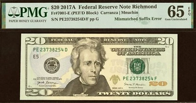 2017A $20 Federal Reserve Note PMG 65EPQ rare mismatched suffix error PEF/D - Image 1 of 3