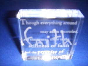 Clear Glass Etched Paperweight "Faith" with proverb - Picture 1 of 2