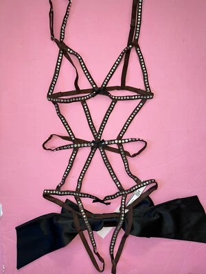 Enfeite Victoria's Secret XL TEDDY marrom preto cristalizado com tiras sem virilha - Imagem 1 de 2