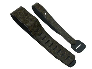 PU Leather Adjustable Guitar Bass Wide Strap Brown Flower Embossed Strap - Picture 1 of 6