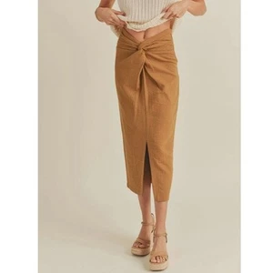 Miou Muse Bohme Twist Skirt Caramel Medium Cotton Midi Pencil Straight High Rise - Picture 1 of 10