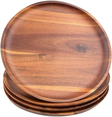 Acacia wood dinner plate, 11-inch round wooden dinner plate 4-piece set, - Image 1 of 4