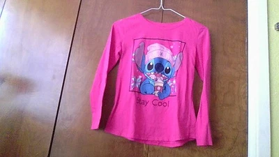 Stitch "Stay Cool" Pink Long Slv Disney T-Shirt Girls Size L (10/12) Fall/Winter - Image 1 of 4
