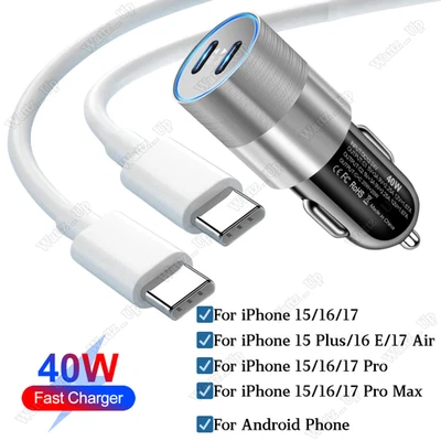For iPhone 17 16 15 Samsung USB C PD Fast 40W Car Charger Adapter Type C Cable - Image 1 of 4