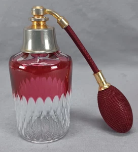 Vintage French Art Deco Period Cranberry Cut to Clear Perfume Atomizer Bottle - Picture 1 of 11