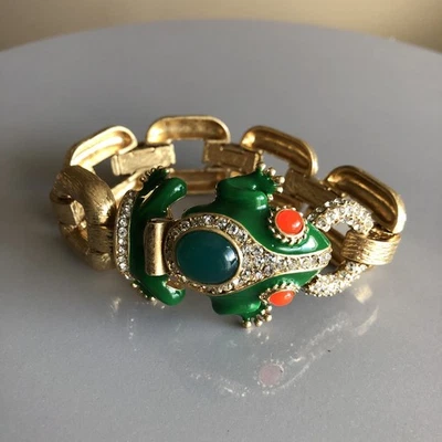 J.Crew Green Enamel Frog Bracelet Gold Tone Chain Link Fashion Jewelry Rare - Image 1 of 4