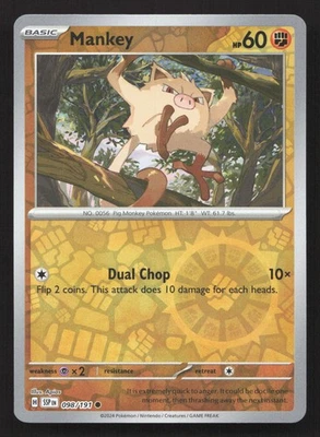 Pokemon Mankey 098/191 Reverse Holo Common SV08: Surging Sparks NM - Image 1 of 2