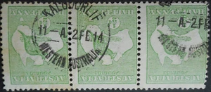 Australia 1913 Halfpenny Kangaroo strip with KALGOORLIE postmark - Picture 1 of 1