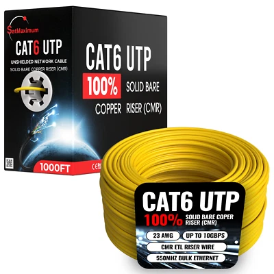 1000FT Yellow CAT6 ETL CMR Ethernet Cable 23AWG UTP 550Mhz Solid Copper Wire - Image 1 of 4