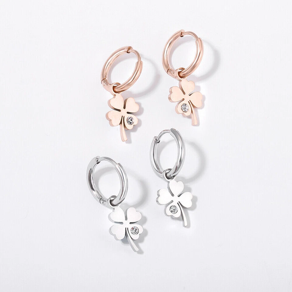 Orecchini a Cerchio Acciaio Pendente Quadrifoglio oro rosa/argento/oro unisex - Immagine 1 di 4