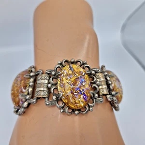 Vintage Silberfarben Armband Konfetti Glas Faux Opal Gold/Lila Grob 7,3" - Bild 1 von 20