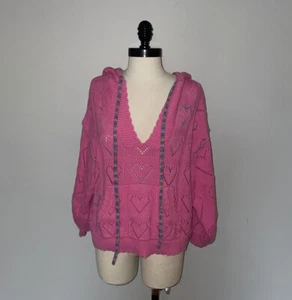 LoveshackFancy Meara pink Pointelle hooded Hoodie Sweater heart Pullover sz S - Picture 1 of 2