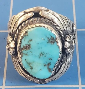 NAVAJO STERLING SILVER MORENCI TURQUOISE CORN FLOWER RING 10.75 - Picture 1 of 10