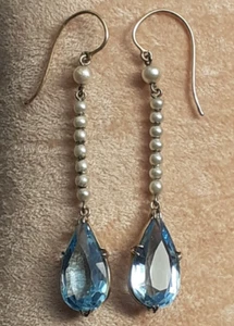 Antique 9ct Gold Aquamarine Blue Paste And Pearl Drop Earrings Circa 1910 50mm - Picture 1 of 22