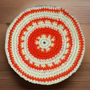 Handmade Knit HOT/TABLE PAD Crochet 8” Yellow Orange Vintage MCM 70s Plant Decor - Picture 1 of 3