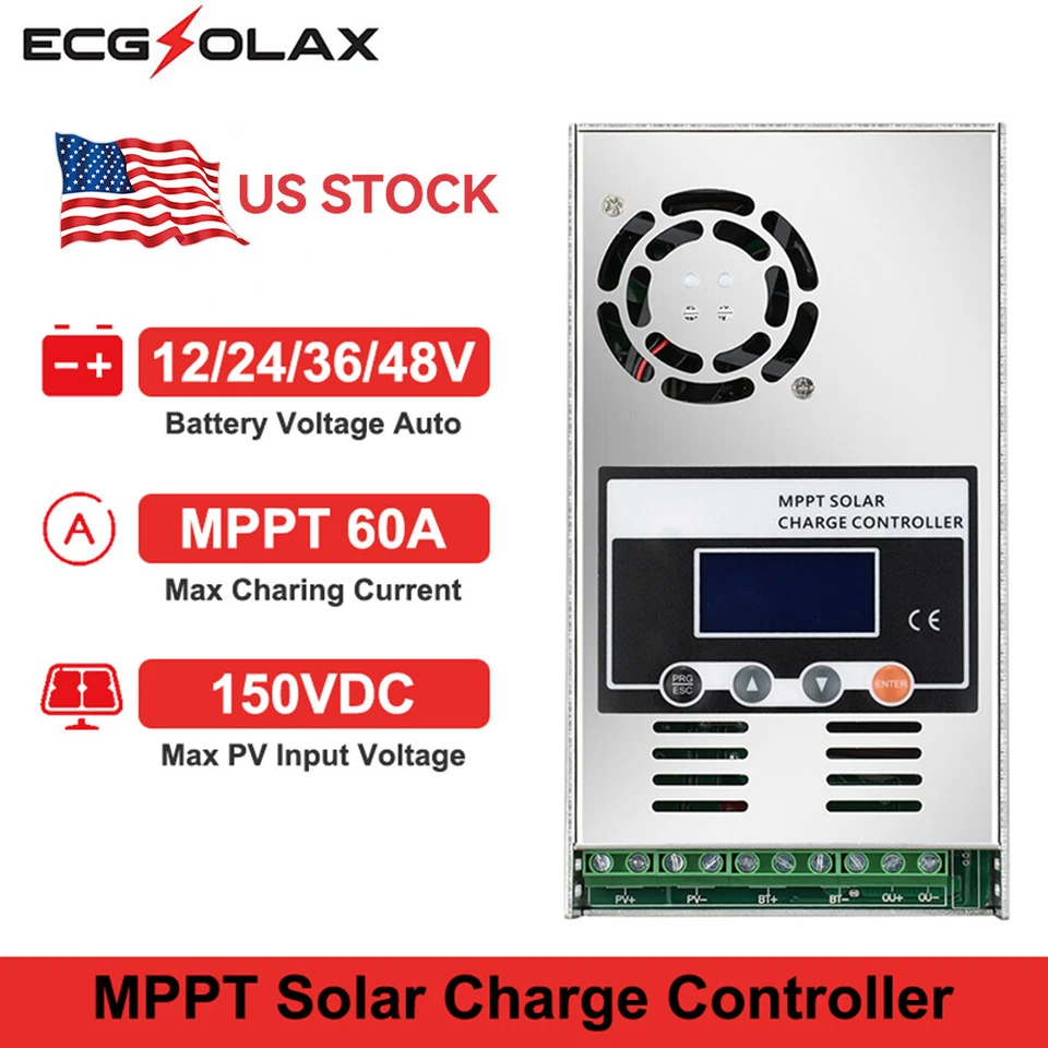 ECGSOLAX US 60AMP MPPT Charge Controller 12V 24V 36V 48V Auto MAX 150V 2880W Input LCD