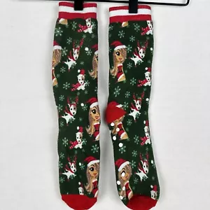 Mariah Carey Christmas Green Cotton Mid Calf Socks Green Red Puppy Dog - Picture 1 of 8