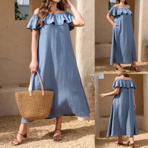 Plus Size Women Off Shoulder Midi Dress Frill Ruffle Holiday Summer Beach Dress - Picture 1 of 19