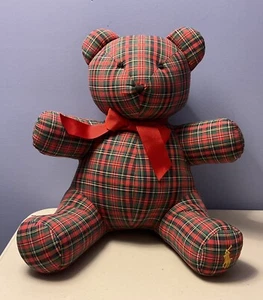 Ralph Lauren rot karierter Teddybär mit Polo Pony Stickerei Schleife schwer zu finden 11 Zoll - Bild 1 von 5