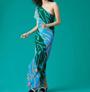 Diane von Furstenberg One Shoulder Maxi Slip Dress Gr. 2 Silk Chatham Print DVF - Bild 1 von 9