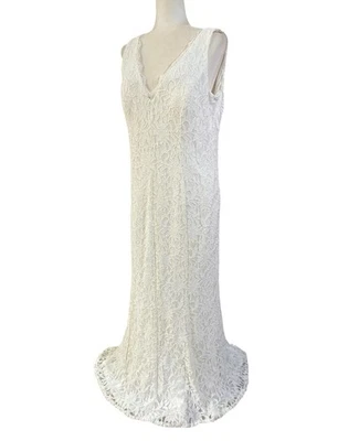Davids Bridal Romantic Wedding Dress Womens 16 Ivory Lace V-Neck Sheath Gown - Image 1 of 4