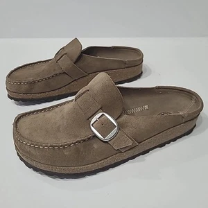 Birkenstock Buckley Suede Tan Clogs Moccasin Buckle Size 38/ US 7 Narrow - Picture 1 of 17