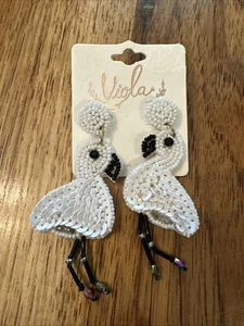 New Viola Beaded Bird Earrings White Felt Backed 3” Dangle - Picture 1 of 10