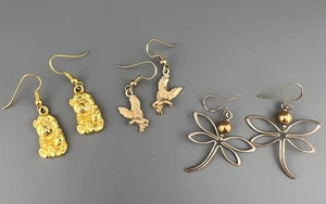 Lot of 3 Animal Dangle Earrings Teddy Bear Bald Eagle Dragon Fly Gold Tone - Picture 1 of 13