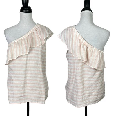 Vince Camuto Sz M NWT Stitch Fix Adaire Pink White Stripe One Shoulder Linen Top - Image 1 of 4
