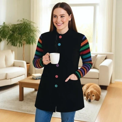 Bob Mackie Wearable Art Cardigan Sweater Womens 1X Black Rainbow Striped Sleeves - Image 1 of 4