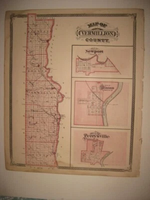 ANTIQUE VERMILLION COUNTY NEWPORT CLINTON PERRYSVILLE VALPARAISO INDIANA MAP NR - Image 1 of 2