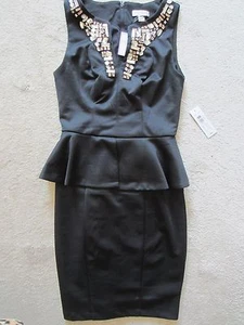 WOMEN'S BISOU BISOU BLACK STRETCH FITTED JEWELED BEADED PEPLUM DRESS Size 4 NWT - Picture 1 of 12