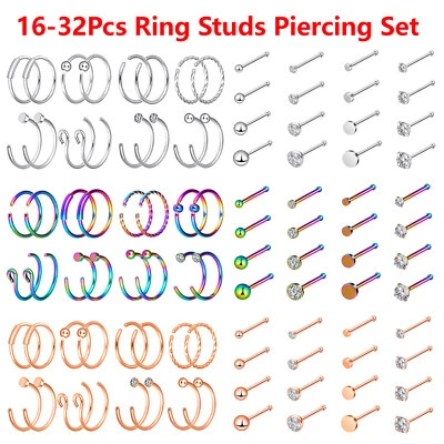 32 PIEZAS 20G Anillo Nariz Aro Hueso Recto Tachuelas Acero Quirúrgico Labio Oreja Piercing Kit Foto 1 de 4