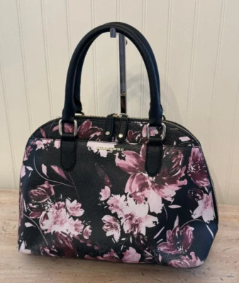 Karl Lagerfeld Paris Zip Top Tote Bag Satchel Black with Pink Flowers - Image 1 of 4