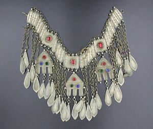 Vintage Turkmen Headpiece, Ethnic Tribal Alpaka Glass Beads Tassels Head Jewelry