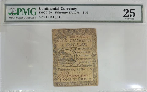 1776 Continental Currency 1/3 Dollar; PMG-25; Fr.-CC-20 Cover