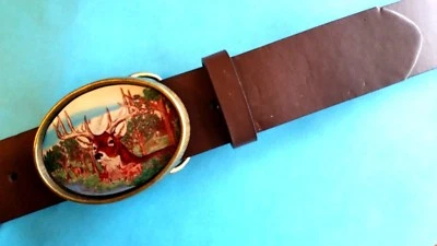 Deer Buck epoxy Photo buckle with 1 1/2" Brown Bonded Leather Belt Sizes 28 - 54 - Image 1 of 2