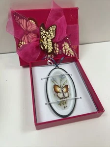 Vintage Butterfly Hand Painted Glass Ornament Flowers Window Hanger Flat Oval - Picture 1 of 3