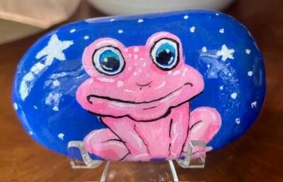 Оригинальный расписанный вручную камень «Милая розовая лягушка» коллекционное искусство садовый декор - Изображение 1 из 4