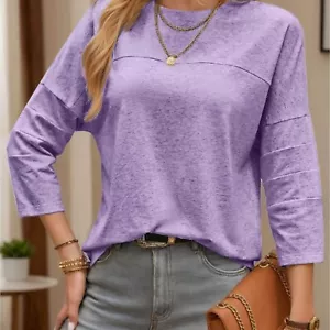 Women's Casual T-Shirts Round Neck Loose Casual Blouses 2025 Summer Solid Tshirt - Picture 1 of 17