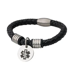 Mens Leather Medical Bracelet Medic ID Alert Black Chunky Men's Womens Mamba - Picture 1 of 7