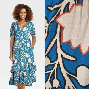 Knox Rose Womens Sz XXL Short Sleeve Wrap Dress Blue Floral print Ruffle Hem NWT - Picture 1 of 10
