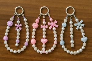 Élégant porte-clés perle breloque - perles blanches et argentées - accent rose et coeur - Photo 1 sur 6