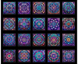 NIGHT FLIGHT PANEL BY QUILTING TREASURES STAINED GLASS BLOCKS ON BLACK 36"X44" - Picture 1 of 5
